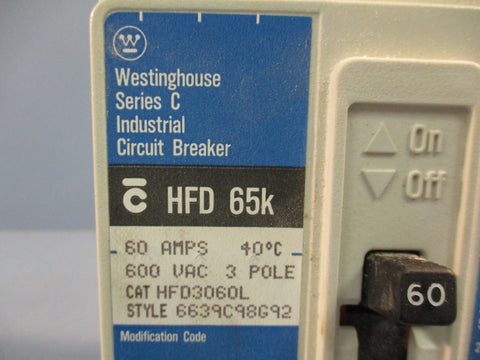 Westinghouse HFD 65k HFD3060L 3 Pole 60A 600V Industrial Circuit Breaker Ser C