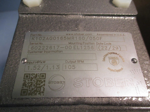 STOBER K102AG0165MR160/050F GEARBOX INPUT HP/KW 1.52/1.13 OUTPUT RPM 105