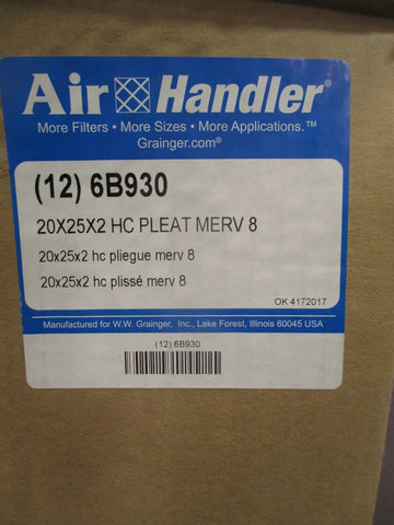 Box of 12 Air Handler 20" X 25" X 2" HC Pleated Merv 8 Filter 6B930