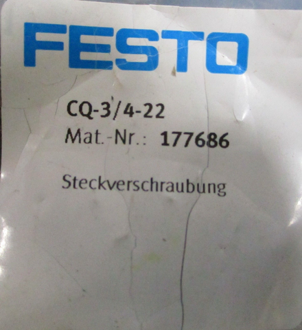 (Lot of 6) Festo CQ-3/4-22 Push In Fitting 177686 17mm, -0.95 bar…15 bar