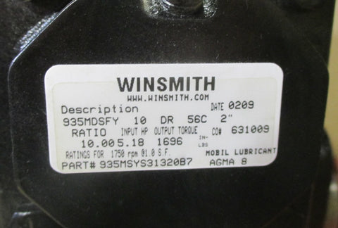 Winsmith 934MDSFY 10:1 Ratio Gear Reducer 5.18 HP, 56C Frame & 1696 In-Lb New