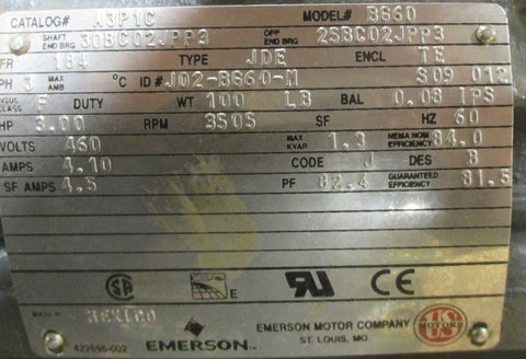 Emerson US Motors A3P1C 3 HP Motor BG60 460V, 3505 RPM, 3 PH, 184 Frame New