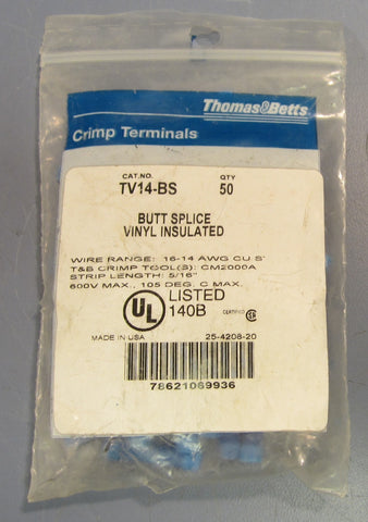 Bag of 50 Thomas & Betts Crimp Terminals Butt Splice Vinyl Insulated TV14BS New