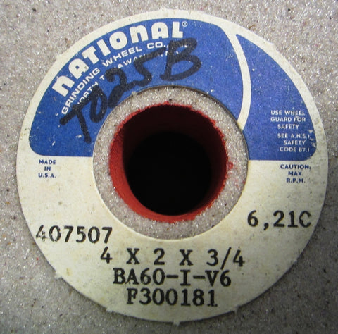 National 4" x 2" x 3/4" Grinding Wheel BA60IV6, 6210 rpm max, 60 grit, NWOB
