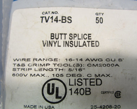 Bag of 50 Thomas & Betts Crimp Terminals Butt Splice Vinyl Insulated TV14BS New