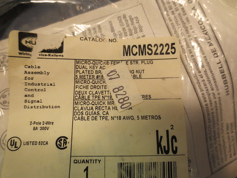 Hubbell MCMS2225 Microquick Female Str Plug 5 Meter TPE Cable NWOB