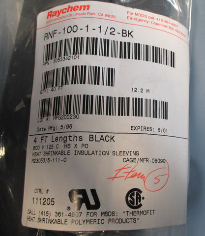 Lot 4 Raychem RNF10011/2BK, 4FT Lenghts Black Shrinkable Insulation Sleeve
