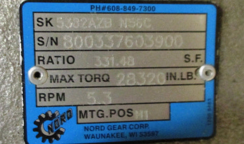 Nord Gear 5382AZB N56C 331.48:1 Ratio Gear Reducer 28320 In Lb 5.3 RPM New