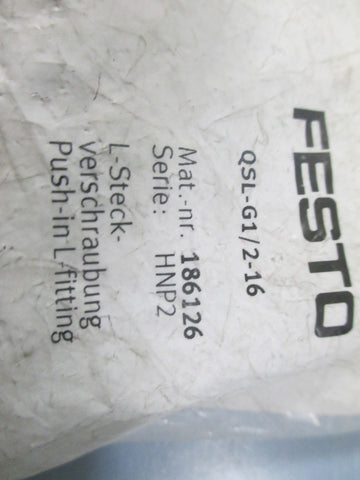 Festo QSL-G1/2-16 Push In L Fitting - New