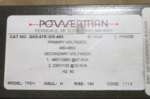 PowerTran GH3-57K-SM-460 TPOH TPEH Transformer 57kVA 3 Ph 460-480 V Primary New