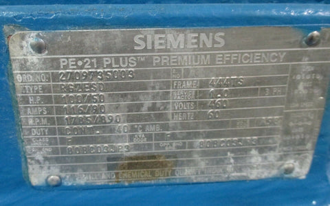 Siemens PE-21 Plus 2709735003 100/50HP Induction Motor Type RGZESD 444TS Fr Used