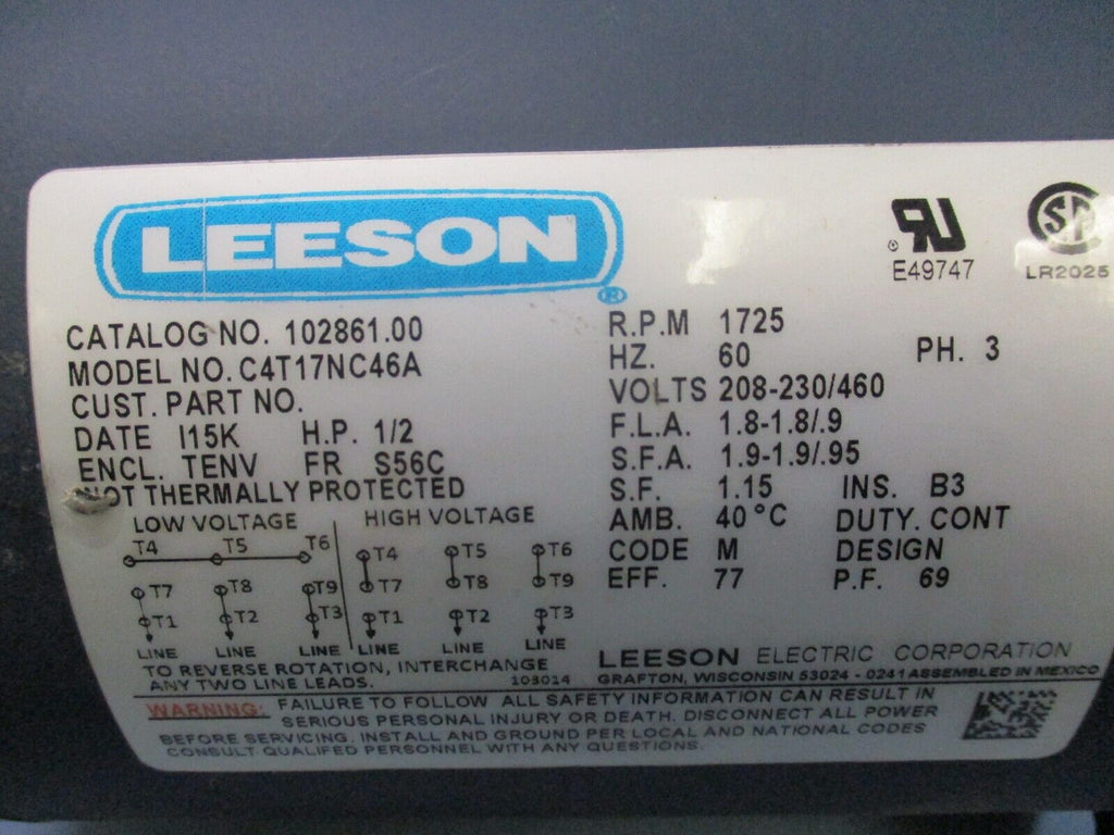 Leeson C4T17NC46A Electric Motor 3Ph 1725RPM 60Hz ½ HP New | eTech Surplus