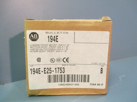 Allen Bradley Load Switch Front Mount 25 Amps 194E-E25-1753 SER B