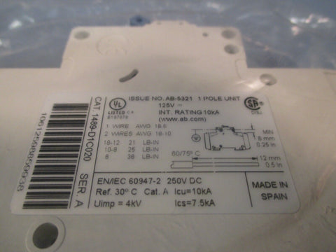 Allen-Bradley Industrial Circuit Breaker 1 Pole Ser A 1489-D1C020