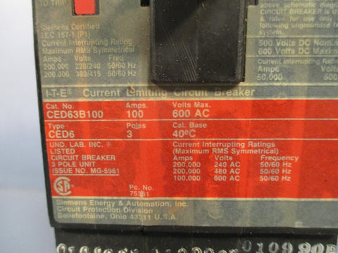 Siemens 100AMP Circuit Breaker Current Limiting 3 Pole CED63B100