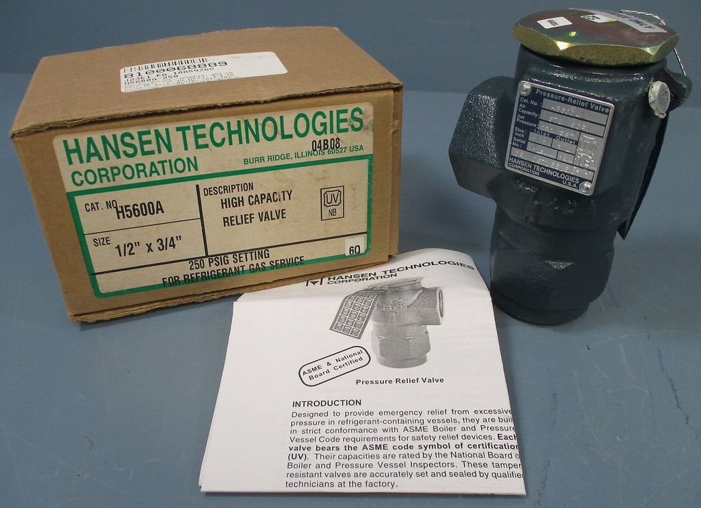 Hansen Pressure Relief Valve-for Refrigerant: H56 00A, 1/2" x 3/4", 250 PSIG