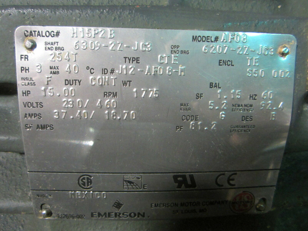 Emerson US Motor H15P2B 15 HP 1775 RPM 3 Ph Hostile Duty Motor 254T Fr