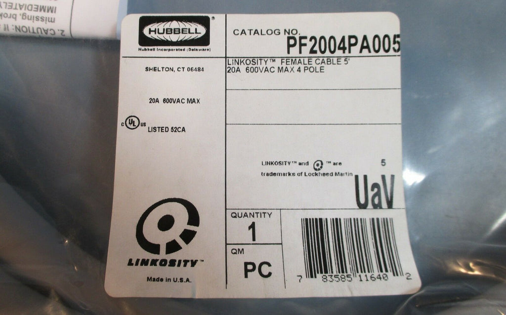Hubbell PF2004PA005 Linkosity Female Cable Assembly 5' 20A 600VAC 4 Po