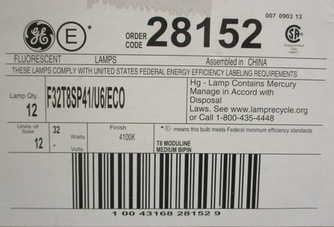 (Box of 11) GE F32T8 U6 SP41 ECO Fluorescent Lamps 28152 Medium BiPin 32W 4100K