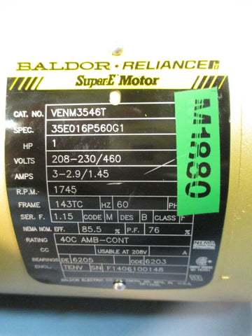 Baldor SuperE Motor 1 HP AC Motor 230/460 volts 1745 RPM 143TC Frame VENM3546T