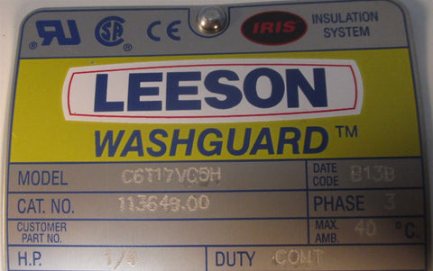 Leeson 113649.00 Washguard Motor C6T17VC5H 1/4 HP 3 Ph 1725 RPM 208/230/460 V