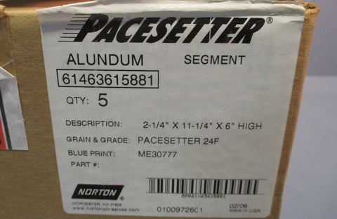 (5) Norton Pacesetter 24F Alundum Segment ME30777 2.25 x 11.25 x 6" High NIB