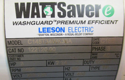 Leeson Wattsaver Washguard C145T34WK36A Motor 3 HP, 3 Phase, 3490 RPM