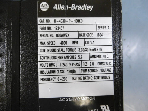 Used Allen Bradley H-4030-P-H00KD AC Servo Motor 3/4” 3 Phase 4000RPM 193467