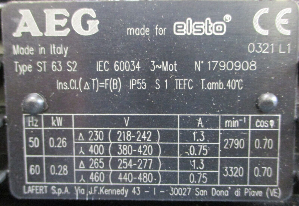 Lafert AEG ST 63 S2 3 Phase Motor IEC 60034 w/ Transtecno 065fNB0101