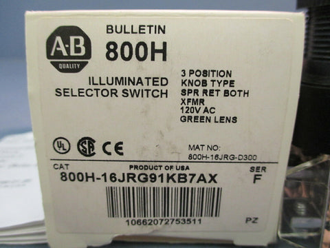 Allen Bradley 800H-16JRG91KB7AX Ser F Illuminated Selector Switch Green Lens