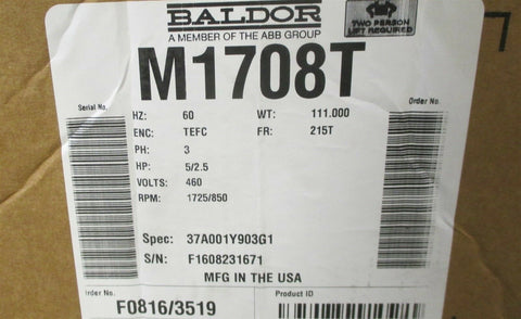 Baldor M1708T 5/2.5 HP 3 Ph Electric Motor 1725/850 RPM 460 V, 215T Frame NIB