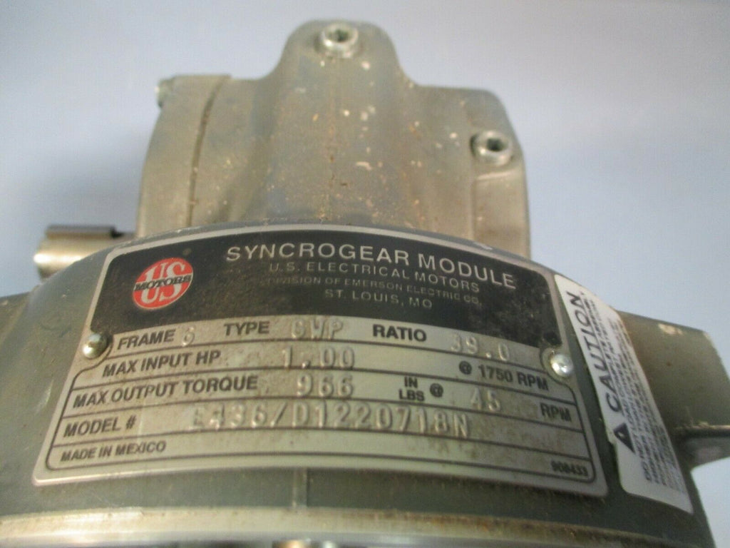 US Motors Syncrogear Module Gearbox Right Angle 1 HP Ratio 391 E436/D