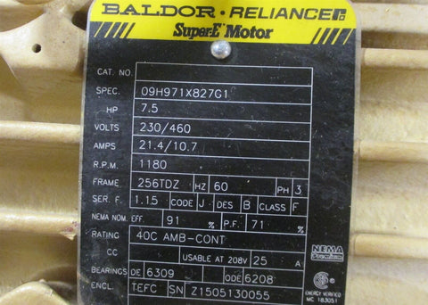 Baldor 09H971X827G1 Super E Motor 7.5 HP 1180 RPM 256TDZ Frame Long Shaft New