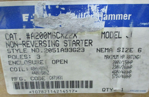 Cutler Hammer A200M6CXZ2X Model J Non Reversing Starter Size 6, 3 Ph, 400 HP