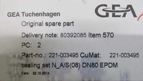 GEA Tuchenhagen 221-003495 Sealing Set N_A/S(08) DN80 EPDM