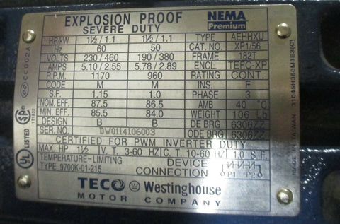 TECO Westinghouse MAX-E1 AEHHXU XP1/56, 1.5 HP, 182T Frame, 1170 RPM Motor Used