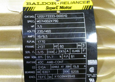 Baldor Super E M07H002X790 7.5 HP Motor 1770 RPM 230/460 Volts New