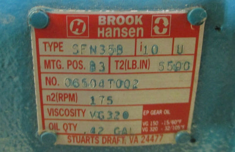 Brook Hansen SFN35B 16:1 Ratio Gear Reducer Gearbox n2(rpm) 175, i10, 5500 Lb-In