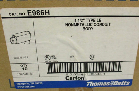 Box of 8 Thomas & Betts E986H 1-1/2" Type LB NonMetallic Conduit Body