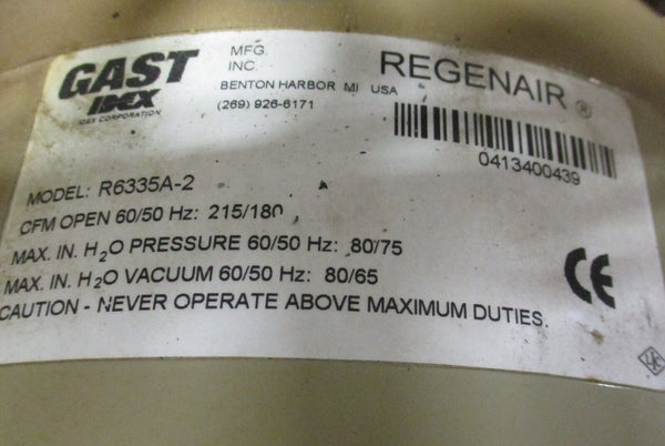 Gast Regenair R6335A-2 Regenerative Blower 215 CFM w/ Baldor 3 Ph, 5 H ...