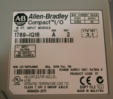 Allen-Bradley Compact I/O Input Module 1769-IQ16: Ser A, Rev 2