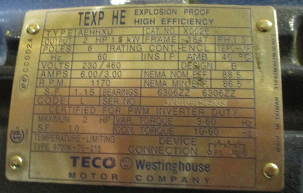 TECO Westinghouse TEXP HE AEHHXU X0026, 2 HP, 184T Frame, 1170 RPM Mot ...