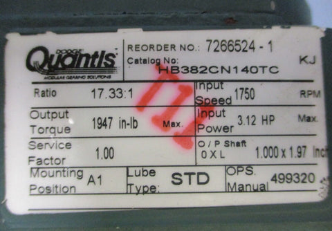 Quantis HB382CN140TC Gear Box Reducer 1" Shaft 17:33:1 Ratio 1750 RPM 7/8" Bore