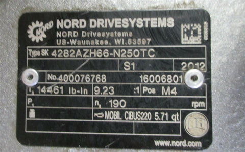 Nord 4282AZH66-N250TC Gear Reducer 9.23:1 Ratio, 14461 Lb-In Torque 192 RPM New