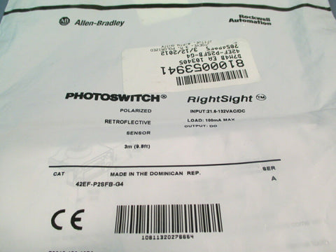 ALLEN BRADLEY RIGHTSIGHT PHOTOSWITCH RETROFLECTIVE SENSOR 42EF-P2SFB-G4 SER A