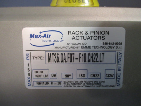 Max-Air Technology Rack & Pinion Actuator, Double-Acting MT36.DA.F07-F10.CH22.LT