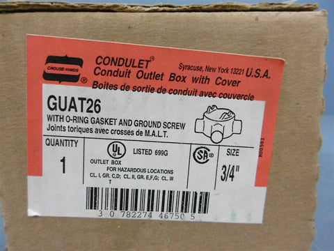 NIB Crouse Hinds GUAT26 Condulet Conduit Outlet Box W/ Cover 3/4”