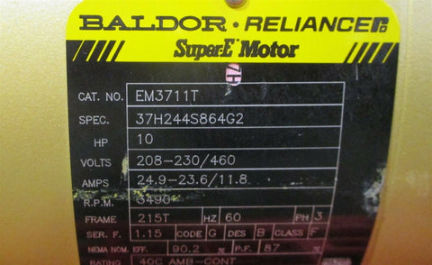 Baldor Super E EM3711T 10 HP Motor, 215T Frame, 3 Phase, 3490 RPM NWOB