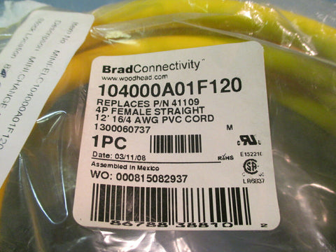 Brad Connectivity 12' Female Straight AWG PVC Cord 104000A01F120 Replaces 41109