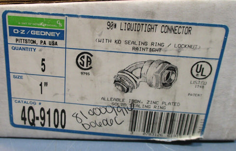 (5) O-Z Gedney 4Q-9100 90 Degree Conduit Connector Liquidtight Zinc Plated NIB